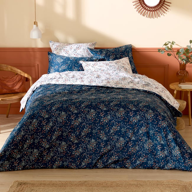 Drap plat satin de coton 110 fils motif floral blanc <span itemprop=