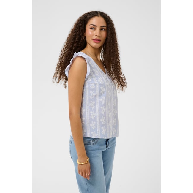 Blouse sans manches bleu blanc blue white stripes w. flowers <span itemprop=