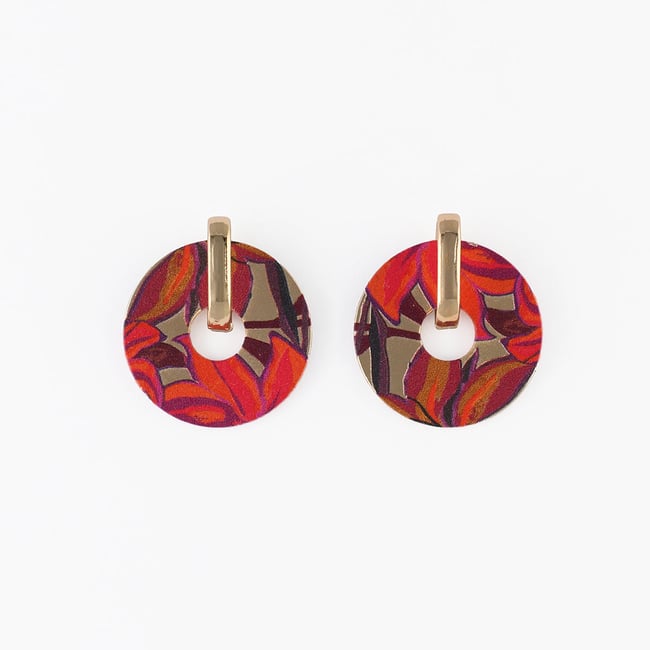 Boucles d'oreilles rondes Balagane imprimé feuilles bordeaux <span itemprop=
