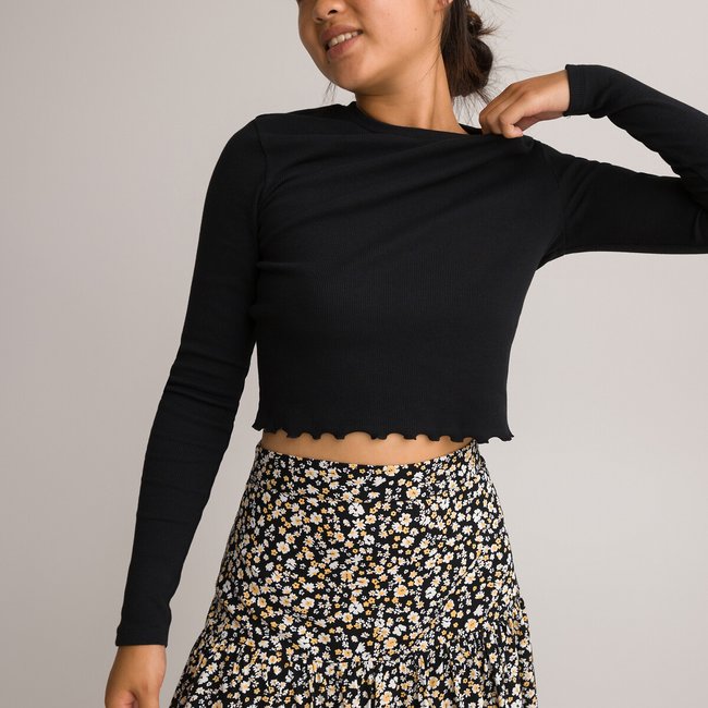T-shirt cropped en côtes, manches longues noir <span itemprop=