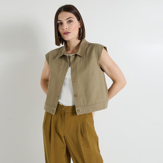 Veste denim sans manches vert kaki <span itemprop=