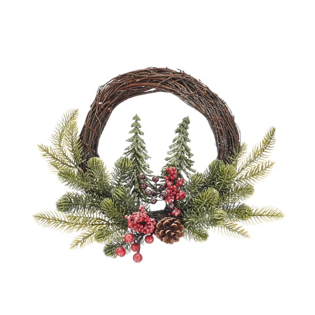 40cm Winter Woodland Green Frosted Wreath with Mini Trees, green, SO'HOME