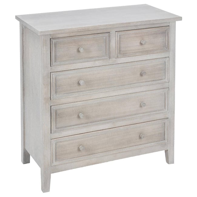 Commode 5 tiroirs moulures bois blanchi CHARME Couleur blanc cérusé <span itemprop=