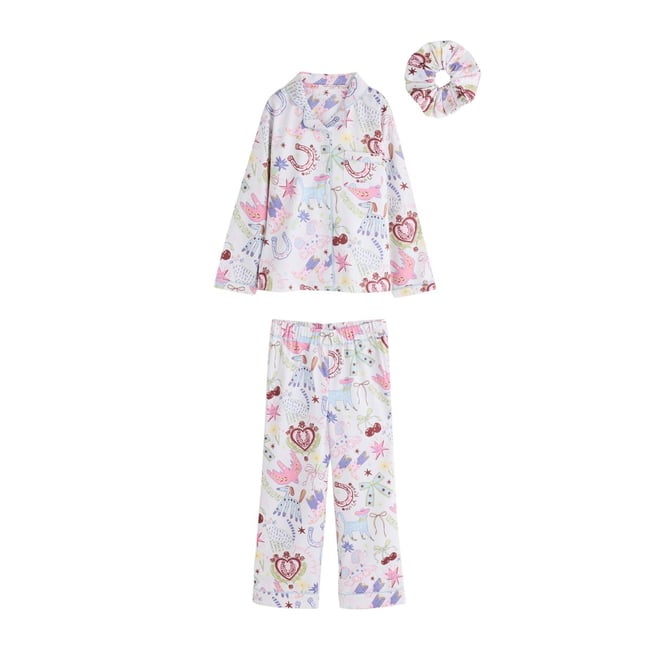 Pyjama boutonné en satin à motif capybara imprimé blanc/rose <span itemprop=