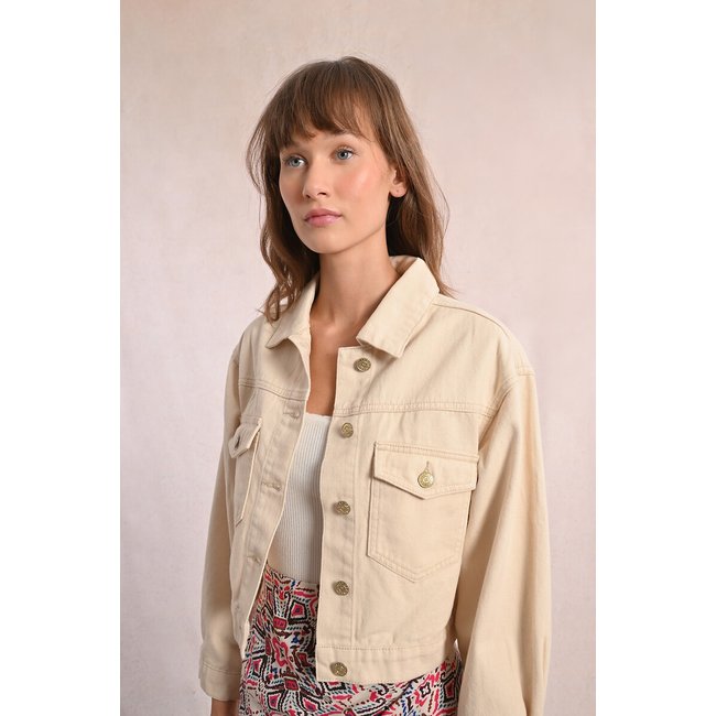 Veste courte en jean ecru <span itemprop=