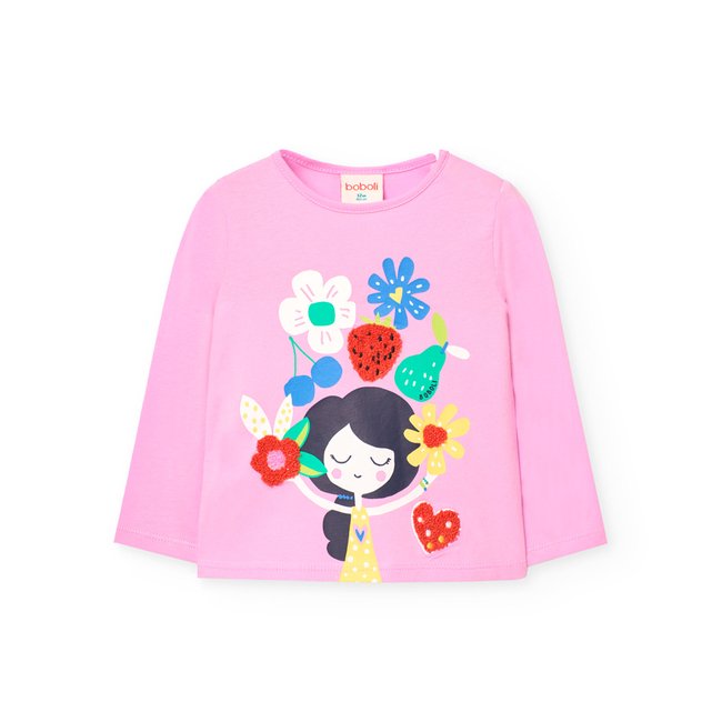 T-shirt à manches longues et col rond rose <span itemprop=