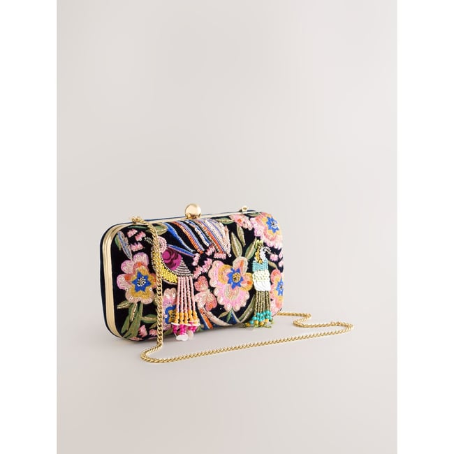 Pochette oiseau à ornements bleu marine <span itemprop=