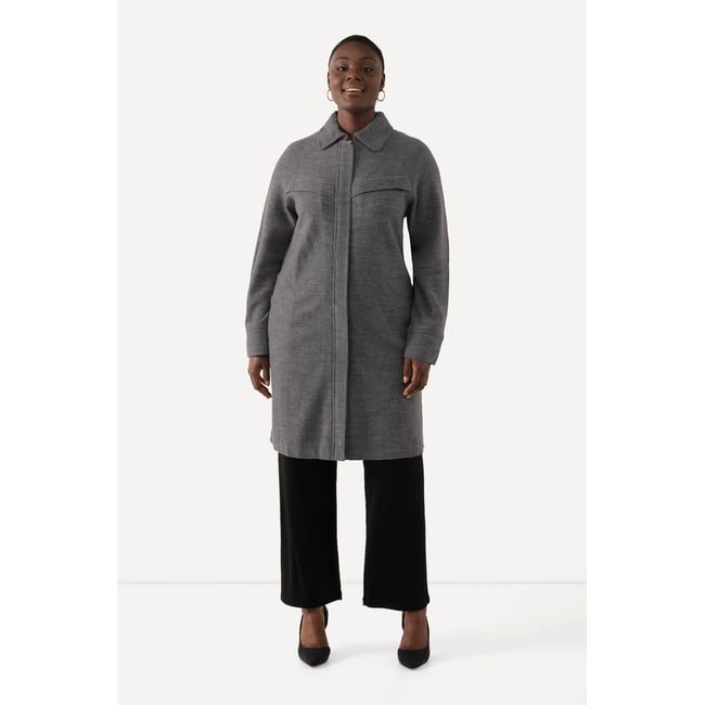 Manteau en laine bouillie avec col chemise gris clair chiné <span itemprop=