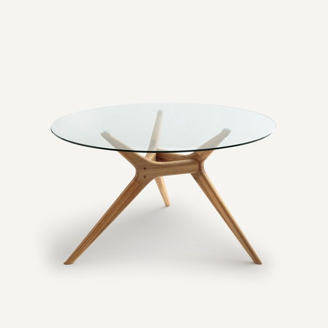 Table ronde verre et chêne massif, Maricielo Couleur chêne naturel <span itemprop=