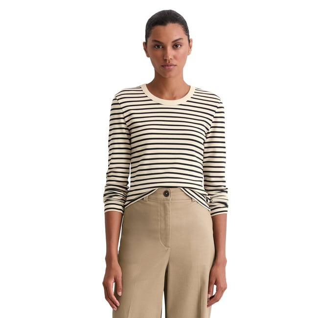 T-shirt long rayé regular en pur coton bio bleu foncé <span itemprop=