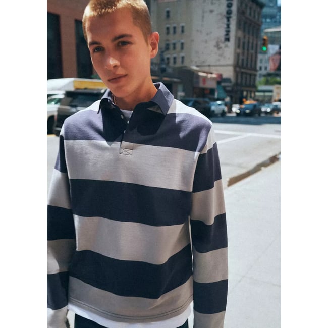 Sweat rayures col polo gris <span itemprop=