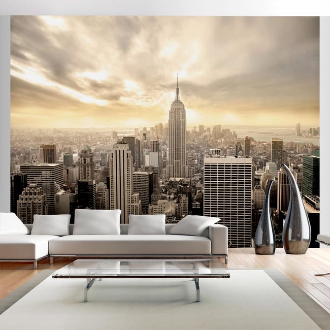 Papier peint intissé panoramique Ville et Architecture New York - Manhattan à l'aube Couleur gris / argent <span itemprop=