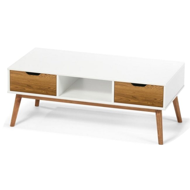 Table basse rectangulaire 1 casier et 2 tiroirs blanc et bois 110x55x42.5cm Couleur blanc <span itemprop=