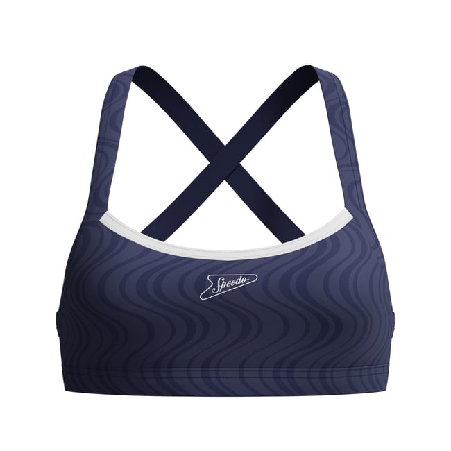 Haut de maillot de bain dos croisé motif/style ondulé bleu marine <span itemprop=