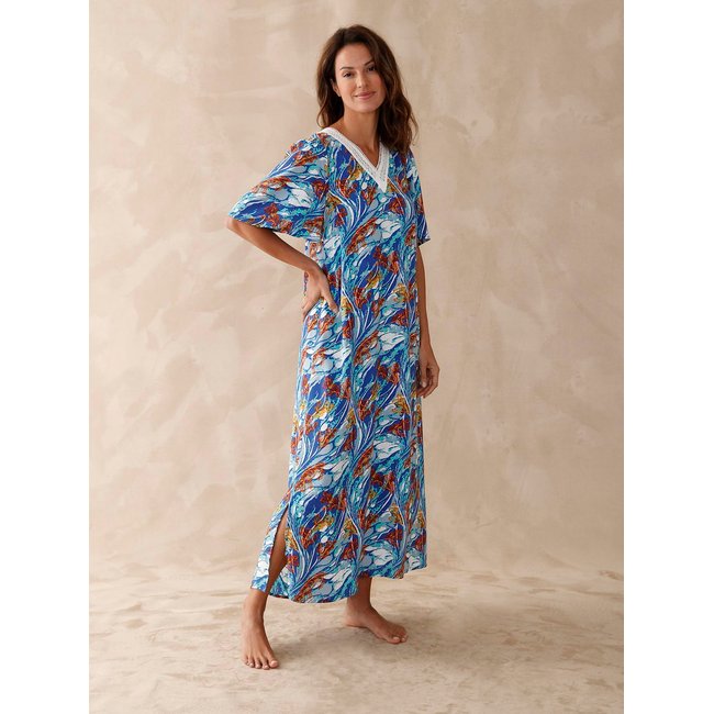 Robe d'hôtesse fluide imprimé bleu <span itemprop=