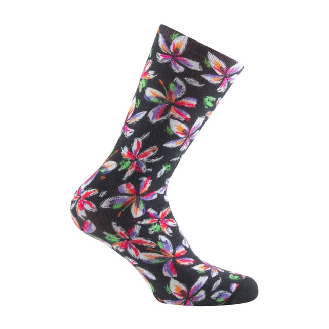 Mi-chaussettes femme imprimées fleurs viscose de bambou noir <span itemprop=