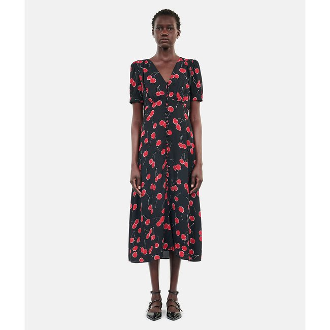 Kurzärmeliges Midikleid mit V-Ausschnitt, Allover-Druck schwarz/rot bedruckt <span itemprop=
