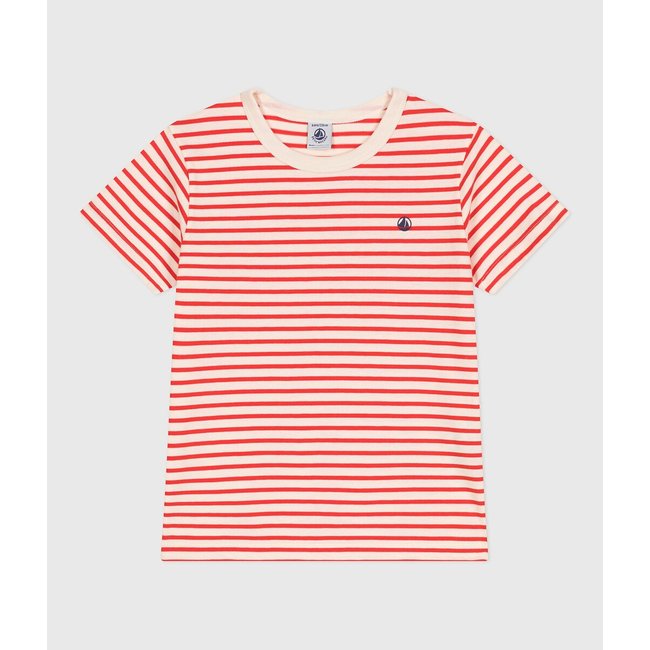 T-shirt a righe a maniche corte in cotone rosso grisé PETIT BATEAU