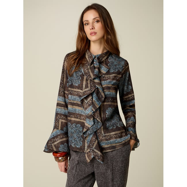 Chemise imprimée avec volants marron <span itemprop=