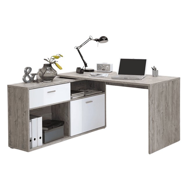 Bureau d'Angle Convertible avec Rangements Bas L138cm - Diego Couleur chêne blanchi <span itemprop=