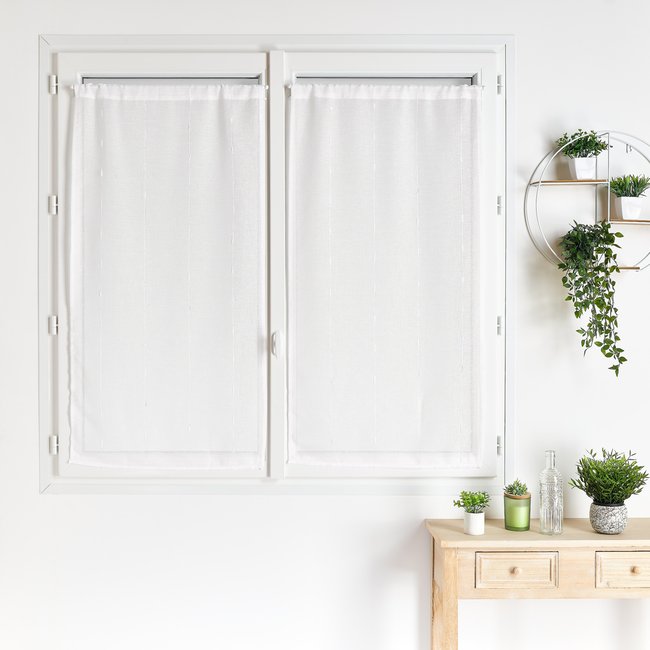 Paire de petits voilages droits en étamine rayée blanc <span itemprop=
