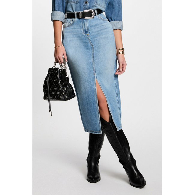 Jupe midi droite en jean denim stone <span itemprop=