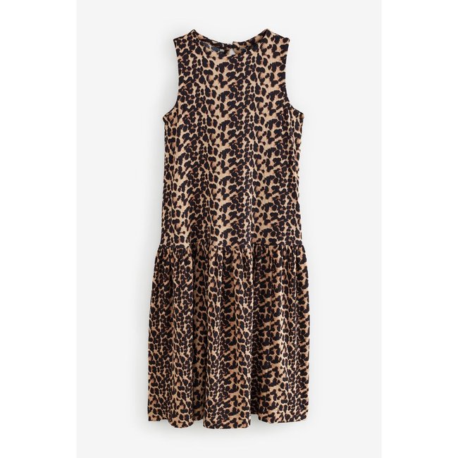 Robe mi-longue sans manches en jersey texturé marron imprimé léopard <span itemprop=