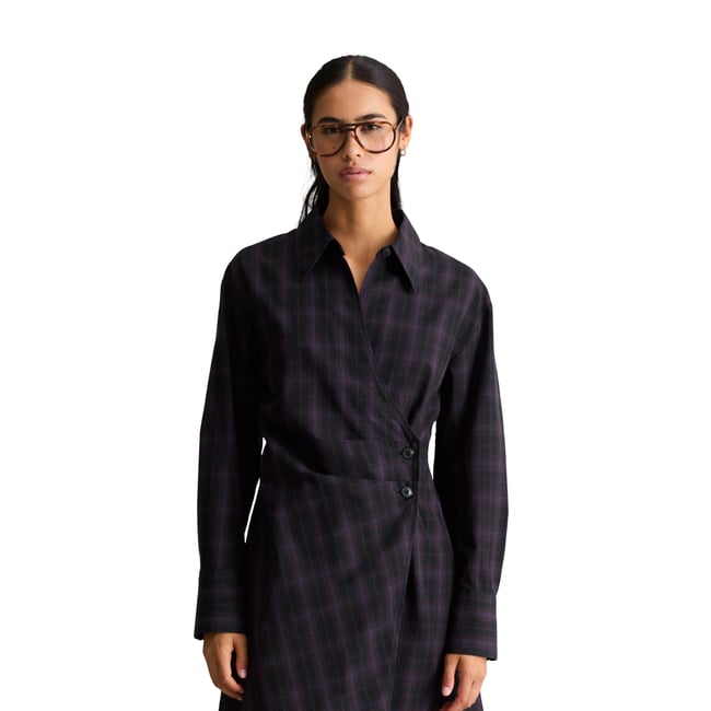 Robe ajustée en coton à carreaux avec effet drapé noir <span itemprop=