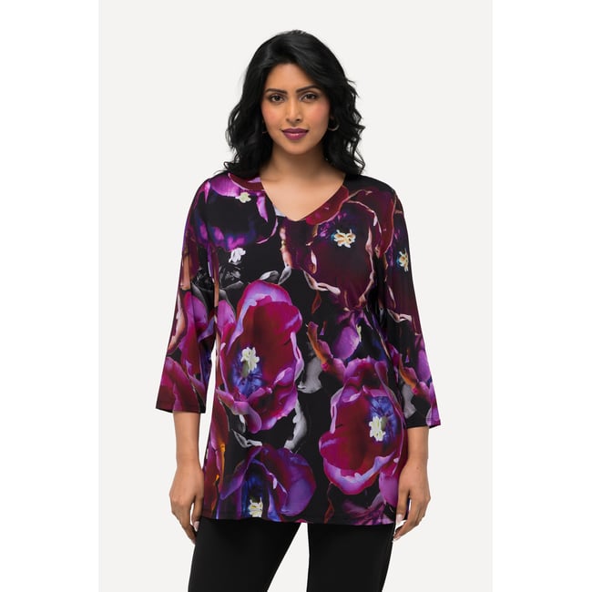 T-shirt en tissu fluide, tulipes noir <span itemprop=