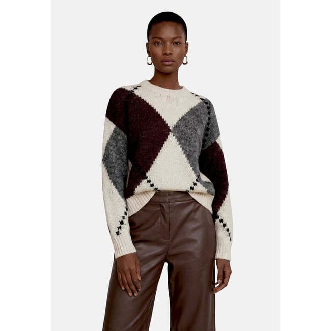 Pull-over en grosse maille à motif intarsia patch cream/brown <span itemprop=