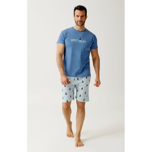 Pyjashort en jersey de coton léger imprimé Cat sup ciel <span itemprop=