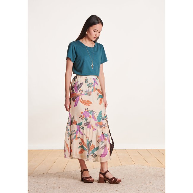 Jupe mi-longue fluide en voile viscose soie fleuri rose poudré <span itemprop=