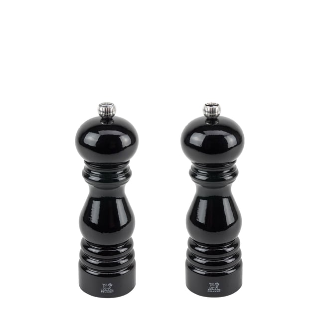 Duo de moulins à poivre et à sel manuels en laqué noir <span itemprop=