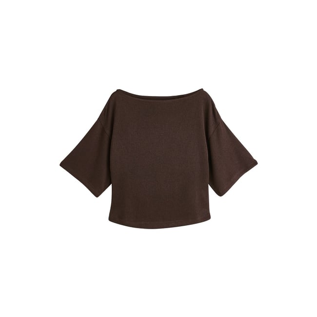 Haut en maille à manches courtes asymétriques marron chocolat <span itemprop=
