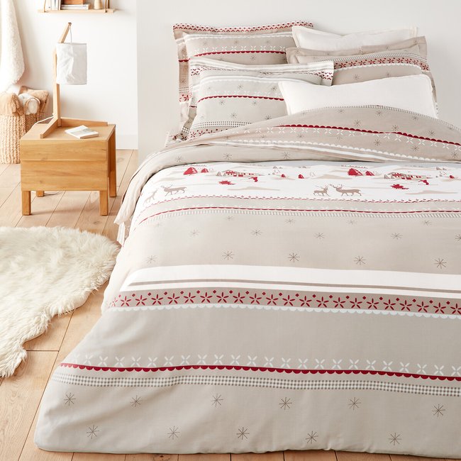 Tyrol Winter Print 100% Cotton Duvet Cover, beige/red, SO'HOME