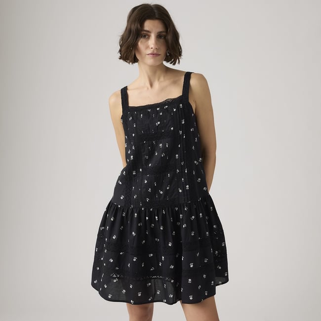 Robe courte imprimé fleurs, bretelles imprimé fleurs fond noir <span itemprop=