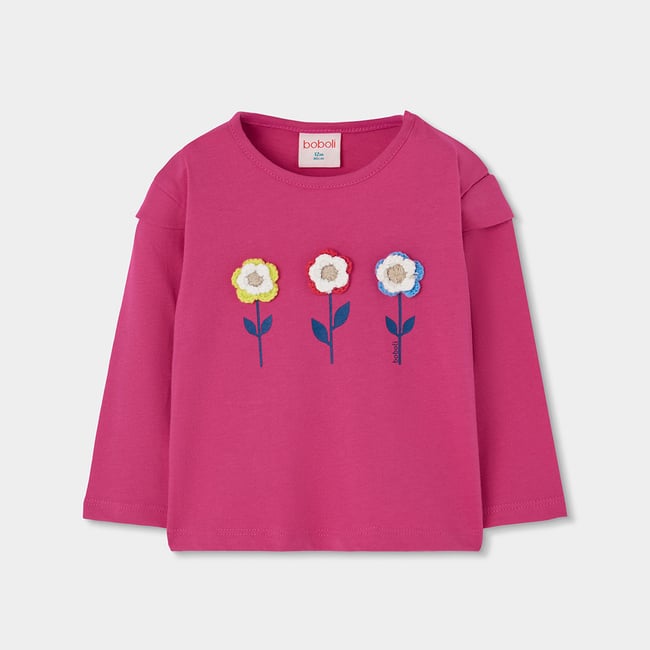 T-shirt fille en maille fraise broderie fleurs violet <span itemprop=