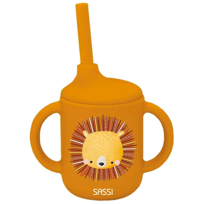 Gobelet en silicone avec poignées et paille ANIMAUX orange <span itemprop=