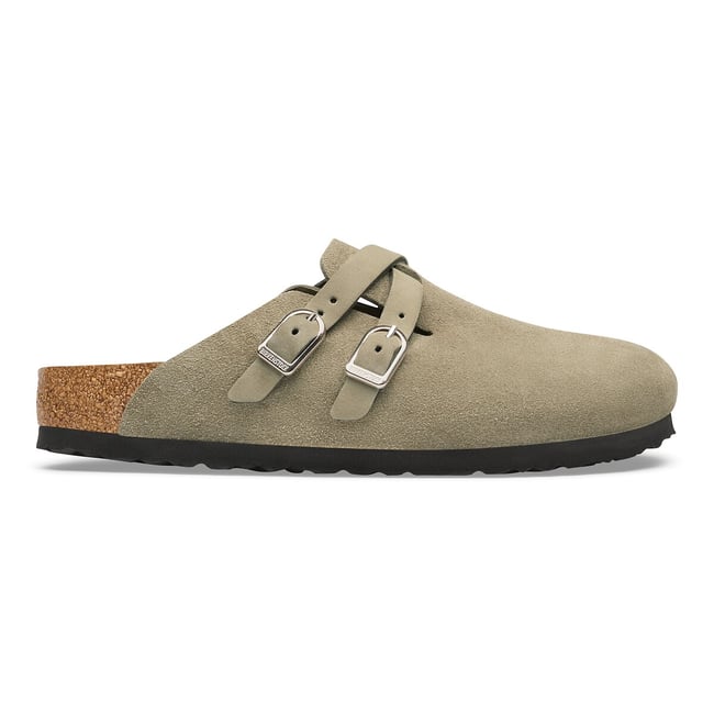 Sabots en cuir suedé Blair D-Buckle taupe <span itemprop=