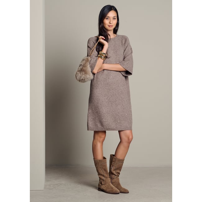 Robe-pull à sequins taupe <span itemprop=