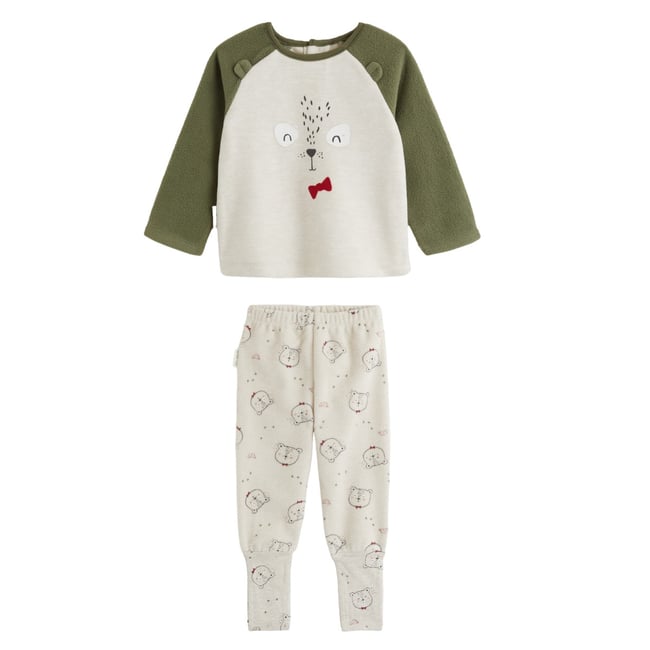 Pyjama bébé 2 pièces en polaire avec pieds retroussables Pistache kaki <span itemprop=
