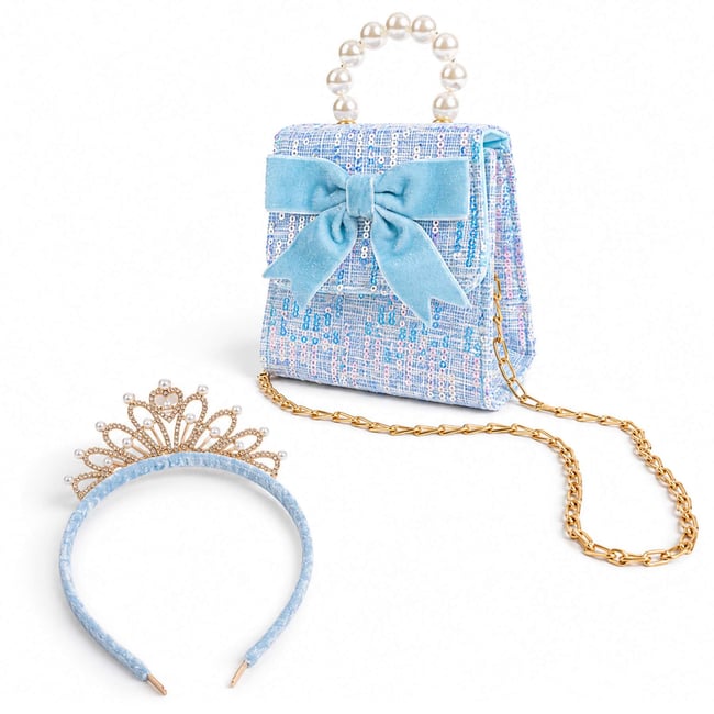 Sac à main enfant avec serre tête princesse Mademoiselle bleu <span itemprop=
