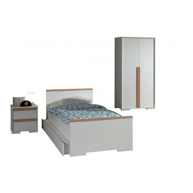 LONDON Lit + Chevet tiroirs + Armoire Portes mat + Lit gigogne - VIPACK