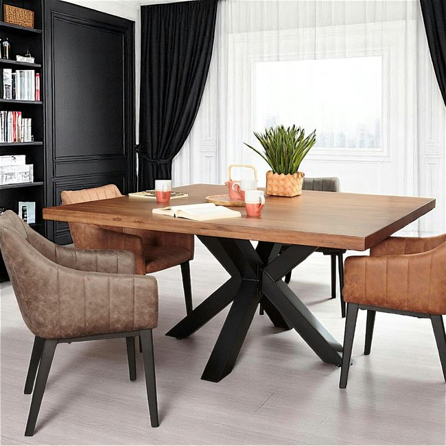 Table à manger carrée en bois massif pied central croisé 150 cm OKA Couleur bois naturel <span itemprop=