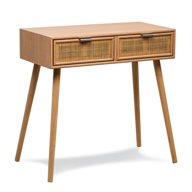 Console 2 tiroirs, bois et rotin, NISHIO Couleur bois naturel <span itemprop=