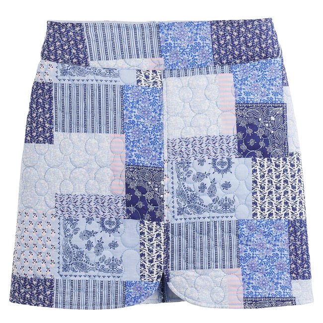 Mini-jupe, imprimé patchwork  imprimé fleurs fond marine <span itemprop=