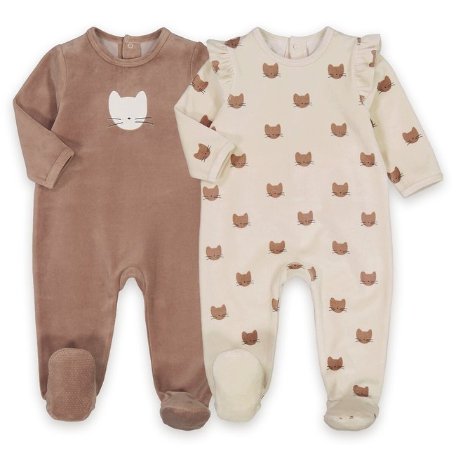 Lot de 2 pyjamas velours imprimé chat ecru/marron LA REDOUTE COLLECTIONS