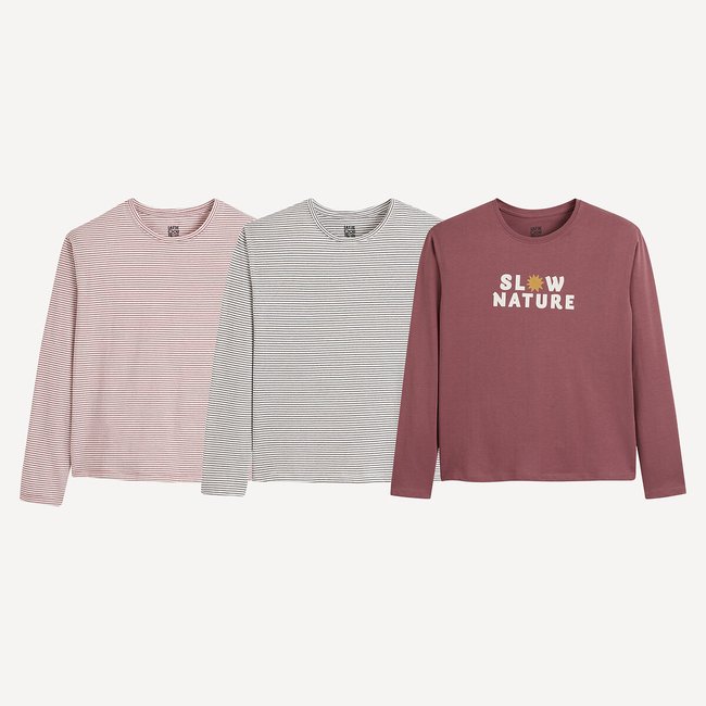 Confezione da 3 T-shirt maniche lunghe rosa + righe + grezzo LA REDOUTE COLLECTIONS