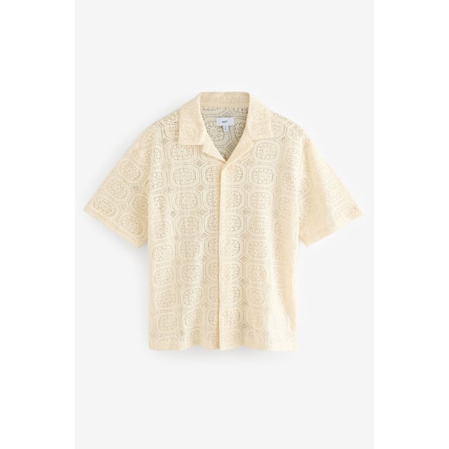 Chemise manches courtes en crochet couleur pierre naturelle <span itemprop=