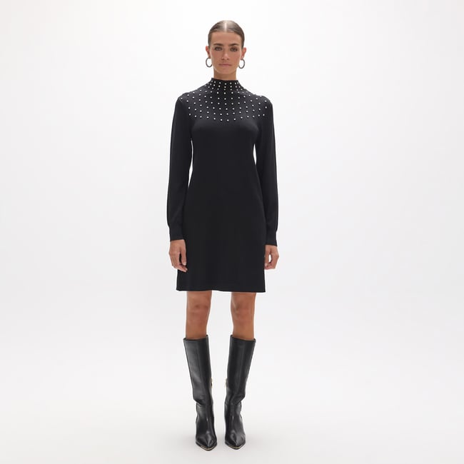 Robe pull col montant à  sequins manches longues noir <span itemprop=